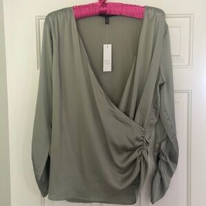 "WHITE HOUSE BLACK MARKET" NWT Green Faux Wrap Blouse with Ruching Detail